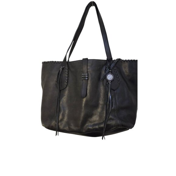 The Sak Handbags - The Sak Black Leather Tote Bag Braided Trim & Tassel Accents Zip Closure Size L
